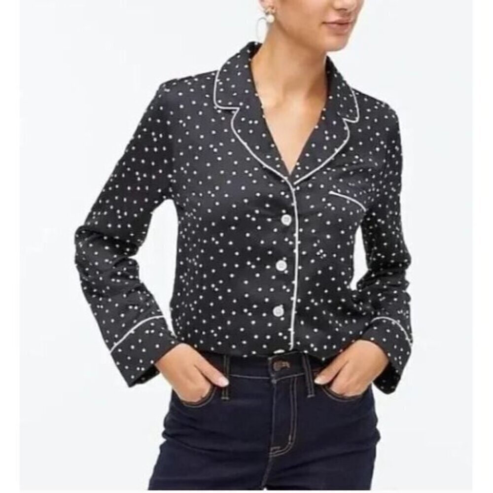 J Crew Top Womens Medium Black Polka Dot Pajama Style Siky Long Sleeve Preppy